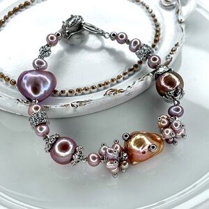 🥰 Handmade Freshwater Character Heart ❤️ Metallic Multi Pearl Crystal Bracelet